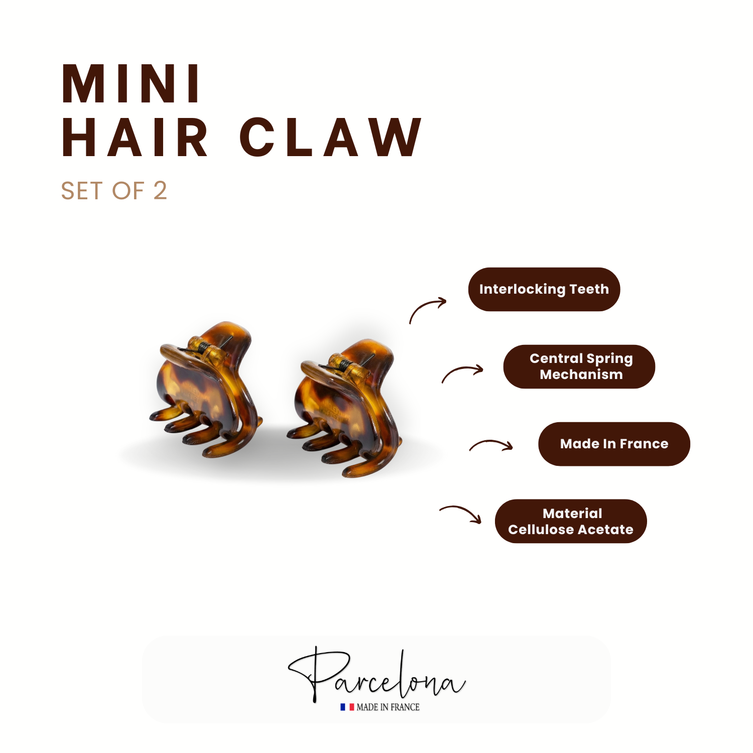 Set of two mini hair claws with features highlighted on a white background, featuring the brand 'Parcelona'.