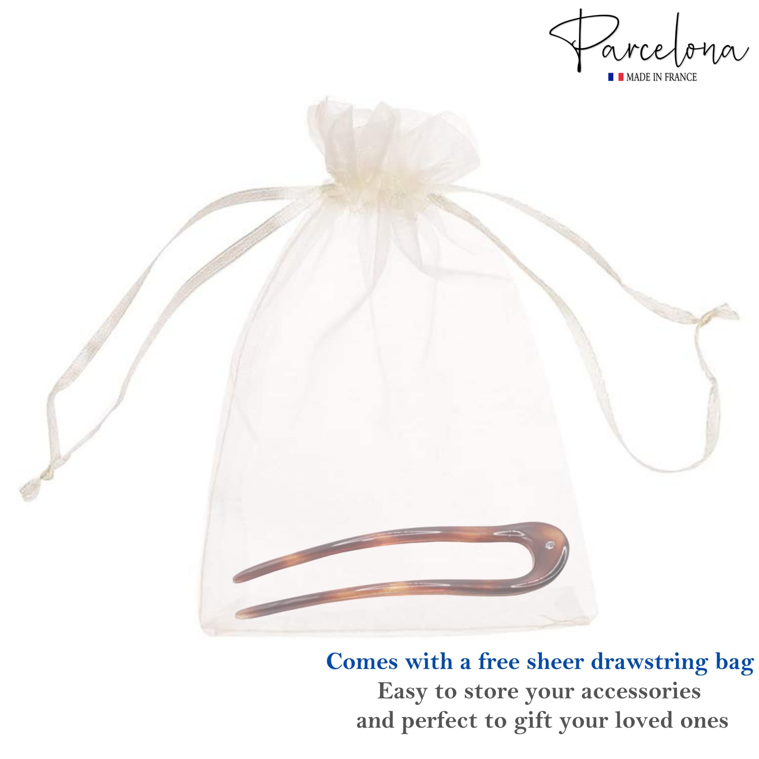 Hair clip in a free sheer drawstring bag with 'Parcelona' branding.