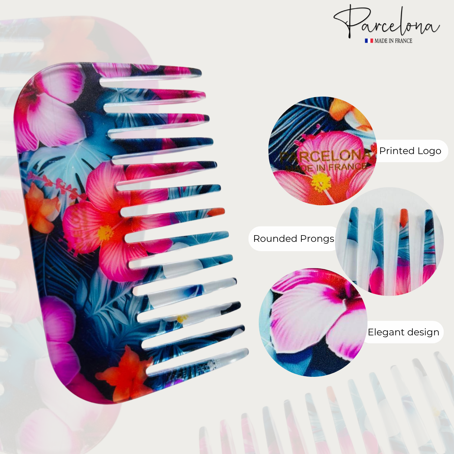 Colorful floral hair comb with 'Parcelona' branding and product features.