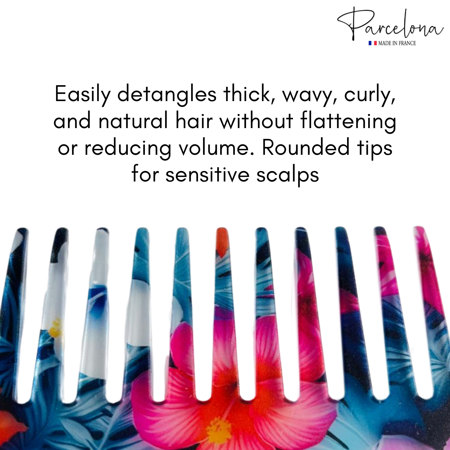 Colorful hair combs with floral design on a white background, featuring text about hair care.