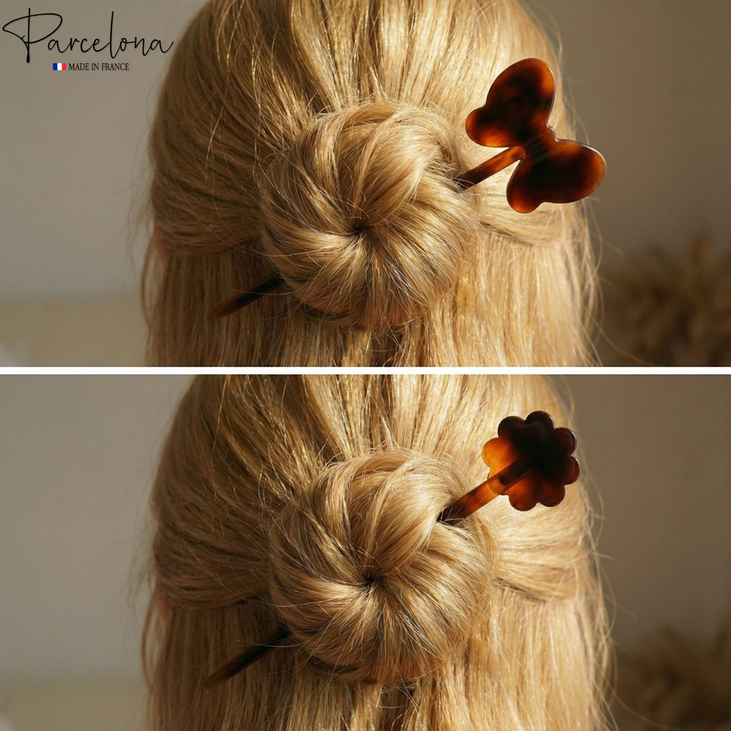 Parcelona French Butterfly and Flower Hair Sticks Chignon Pins for Buns (Set of 2)