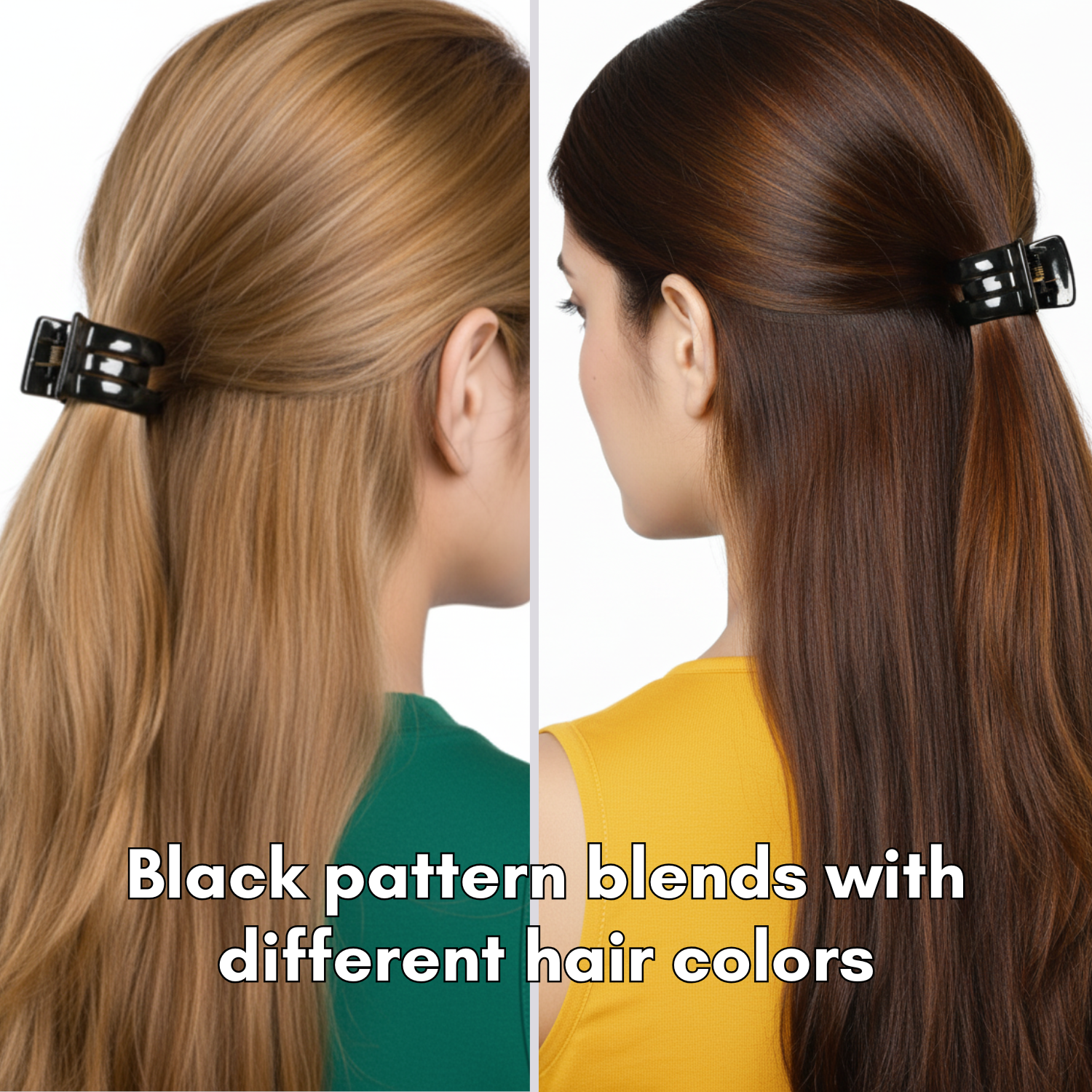 Two women with hair tied back using a black patterned hair clip on a white background.