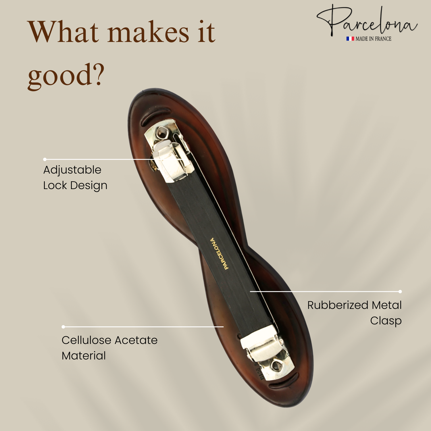 Brown barrette with a metal clasp on a beige background, featuring text labels about its features.