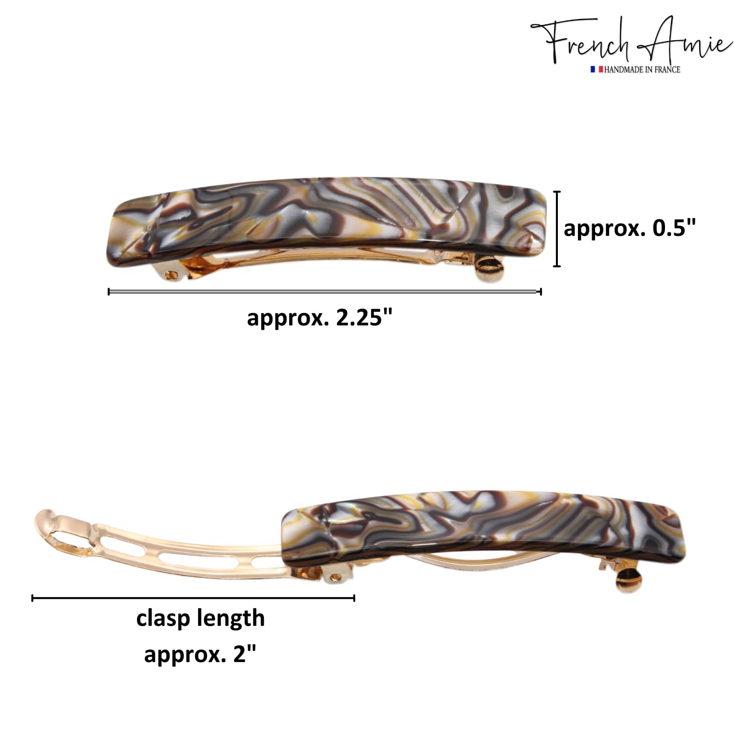 Hair clip with measurements on a white background, featuring the brand 'French Amie'.