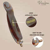 hairclip with 'Parcelona' branding and features highlighted on a beige background