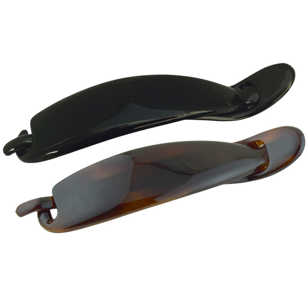 Two hair clips, one black and one brown, on a white background