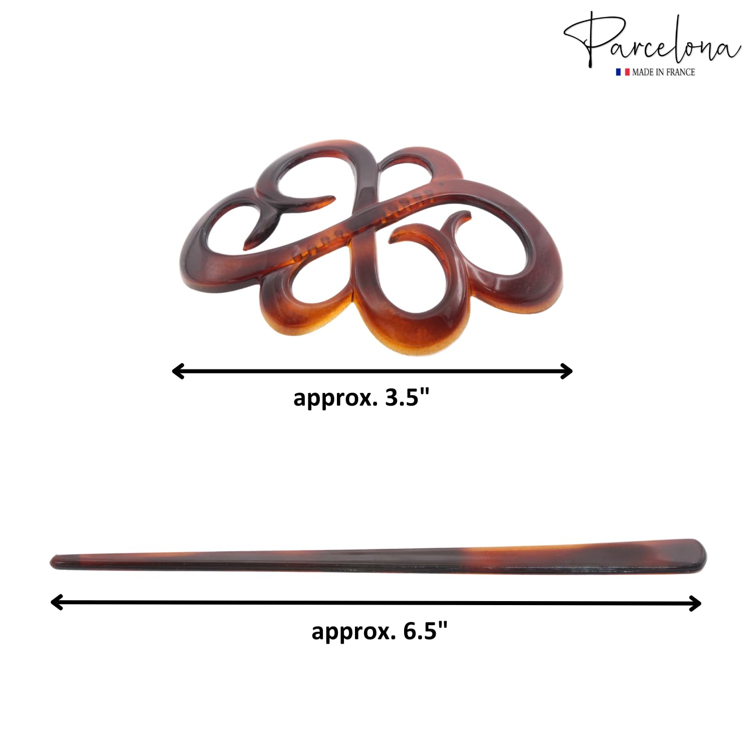 Tortoiseshell hair clip with measurements and 'Parcelona' branding on a white background