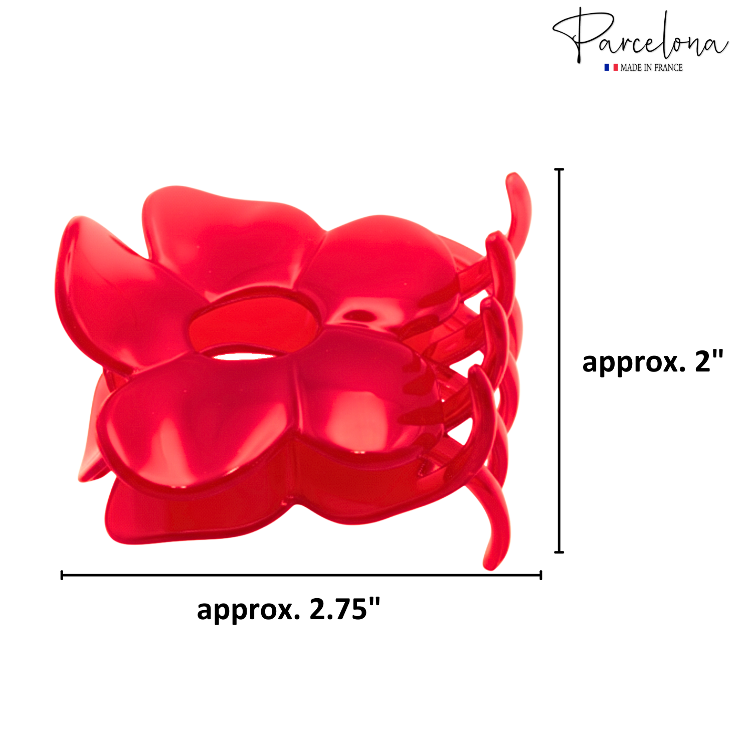 Red flower-shaped clip with dimensions on a white background, featuring the 'Parcelona' brand.