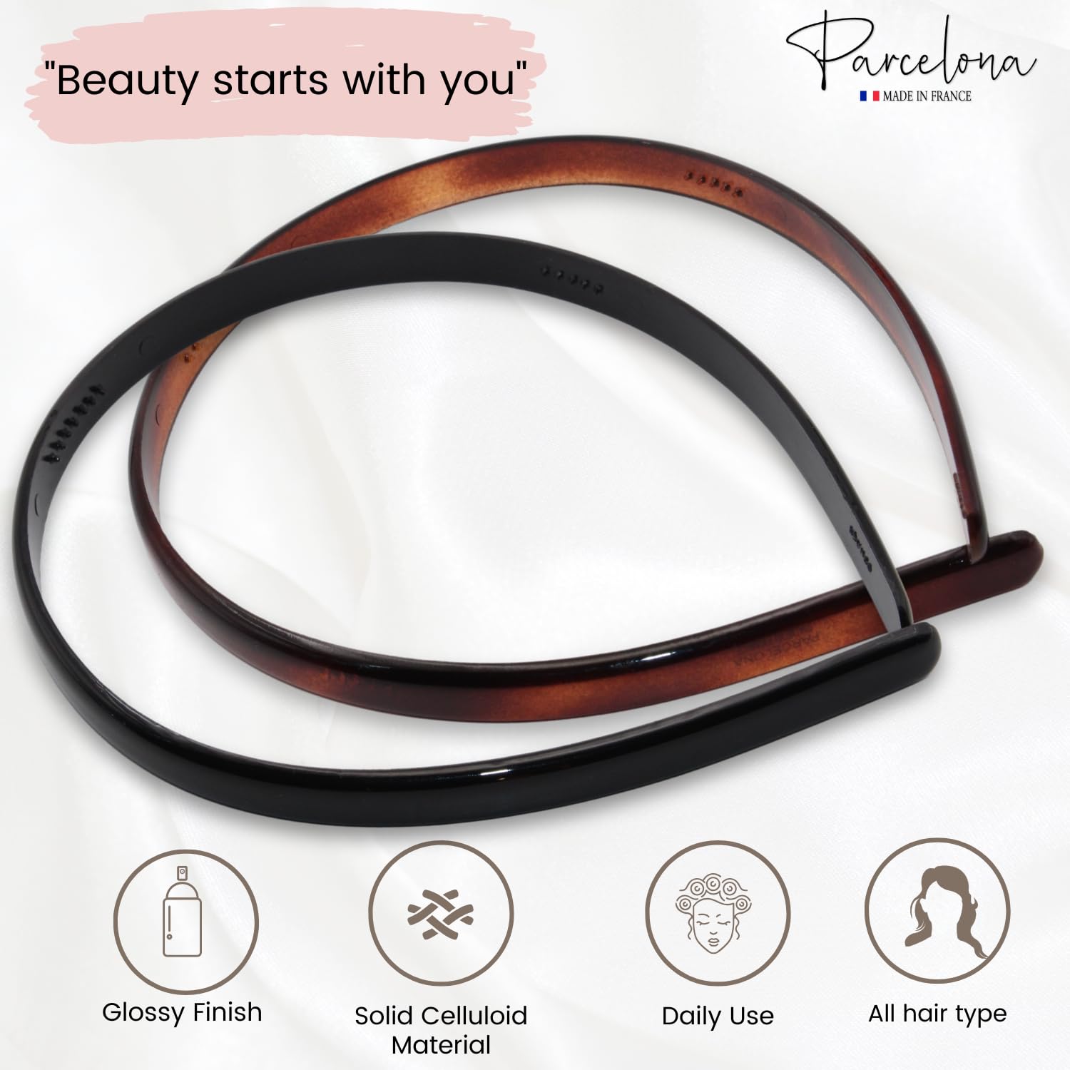 headband with 'Parcelona' branding and product features on a white background