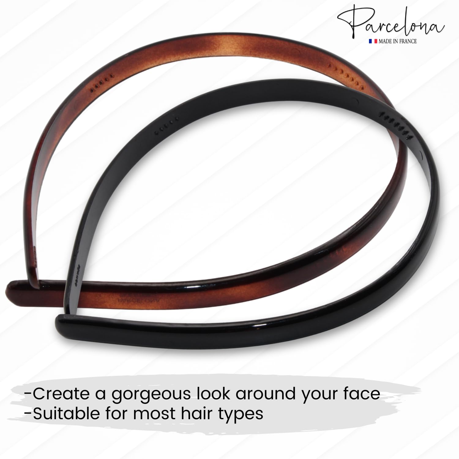 Two hairbands, one brown and one black, on a white background with 'Parcelona' branding.