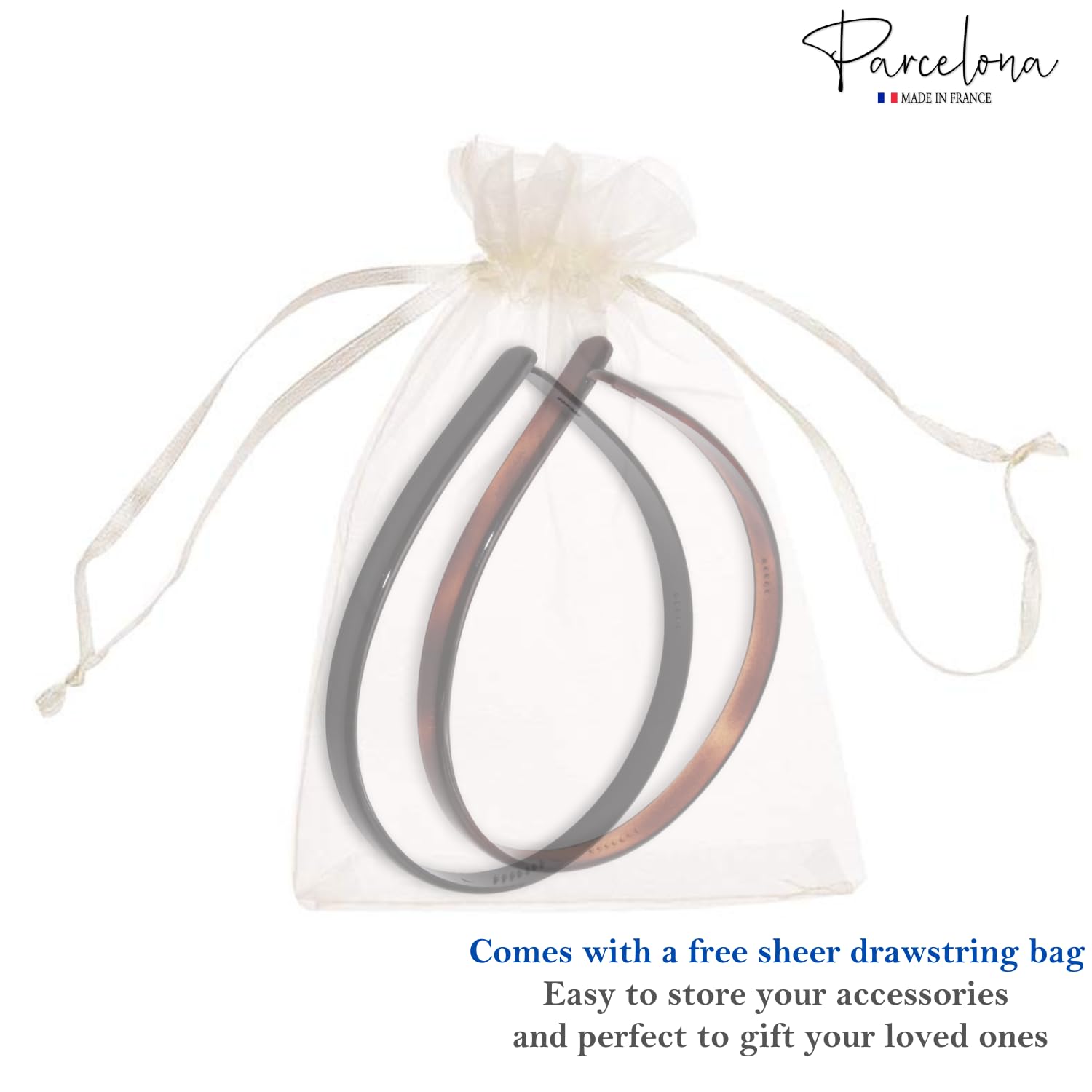 Set of hairbands in a sheer drawstring bag with 'Parcelona' branding.