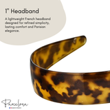 Close-up of tortoise acetate headband, 1-inch width, French design detail
