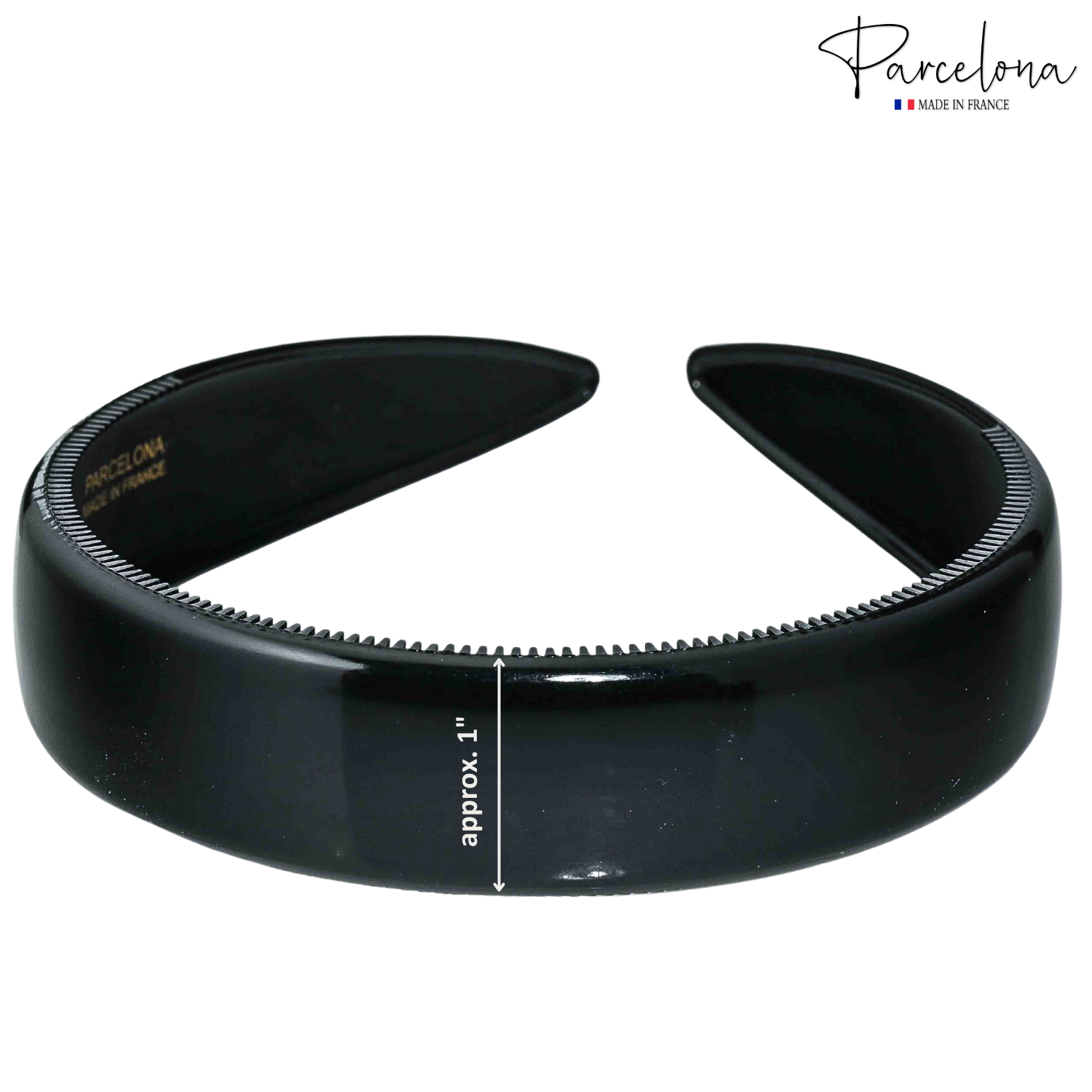 Close-up of Parcelona black headband with 1-inch width, featuring fine teeth for non-slip fit