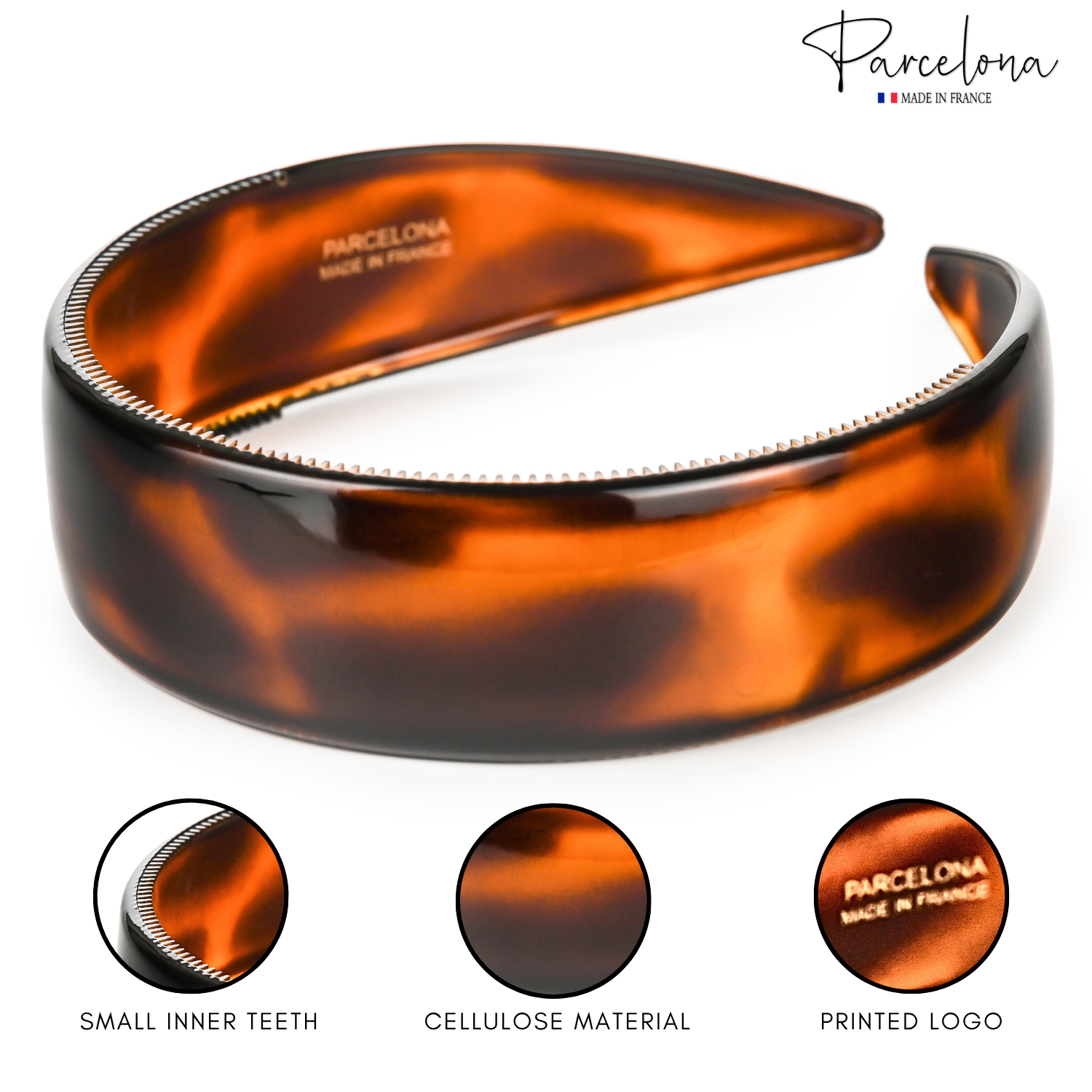 Tortoiseshell headband with 'Parcelona' branding on a white background