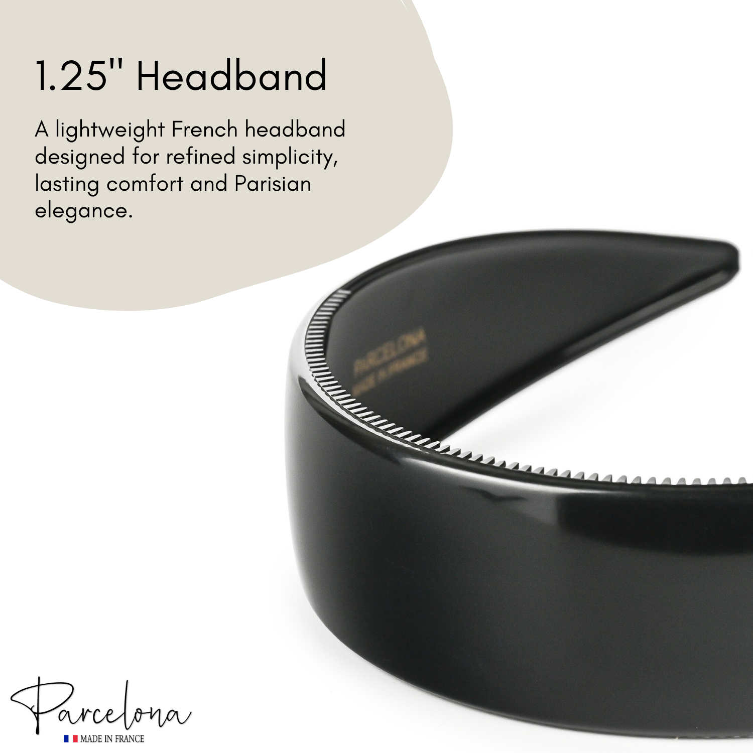Black headband with text about its design and features, featuring the brand 'Parcelona'.