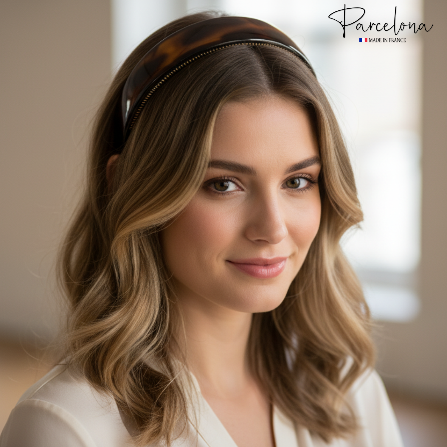 Woman wearing a tortoiseshell headband with 'Parcelona' branding in the corner.