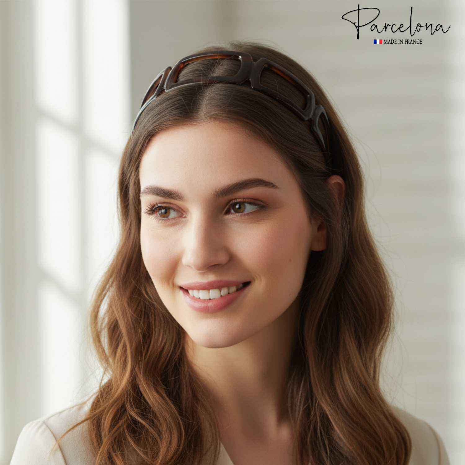 Woman wearing Parcelona tortoise open-geometric acetate headband