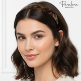 Woman wearing a Parcelona tortoise 1-inch French acetate headband