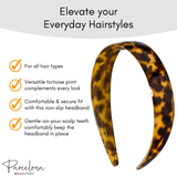 Tortoise acetate headband with checklist text noting hair-type versatility