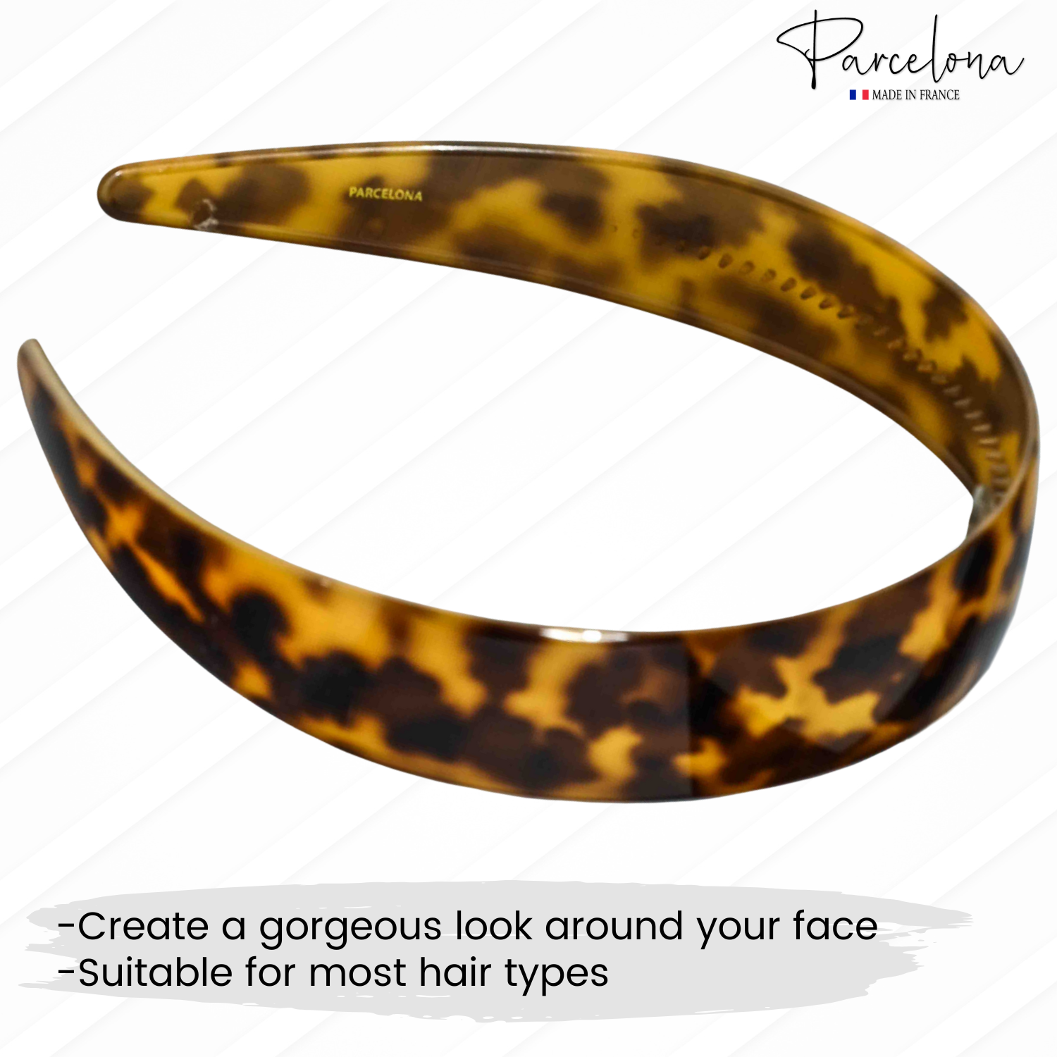 Tortoise acetate headband product image with caption about styling use
