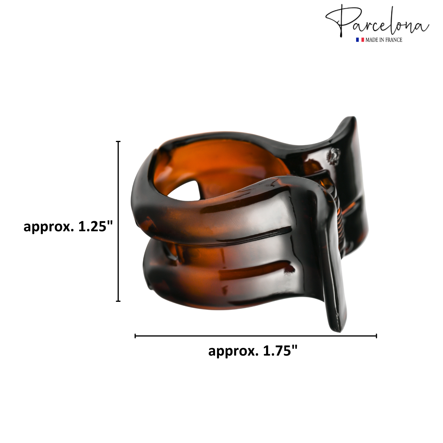 Brown hair clip with dimensions and 'Parcelona' branding on a white background