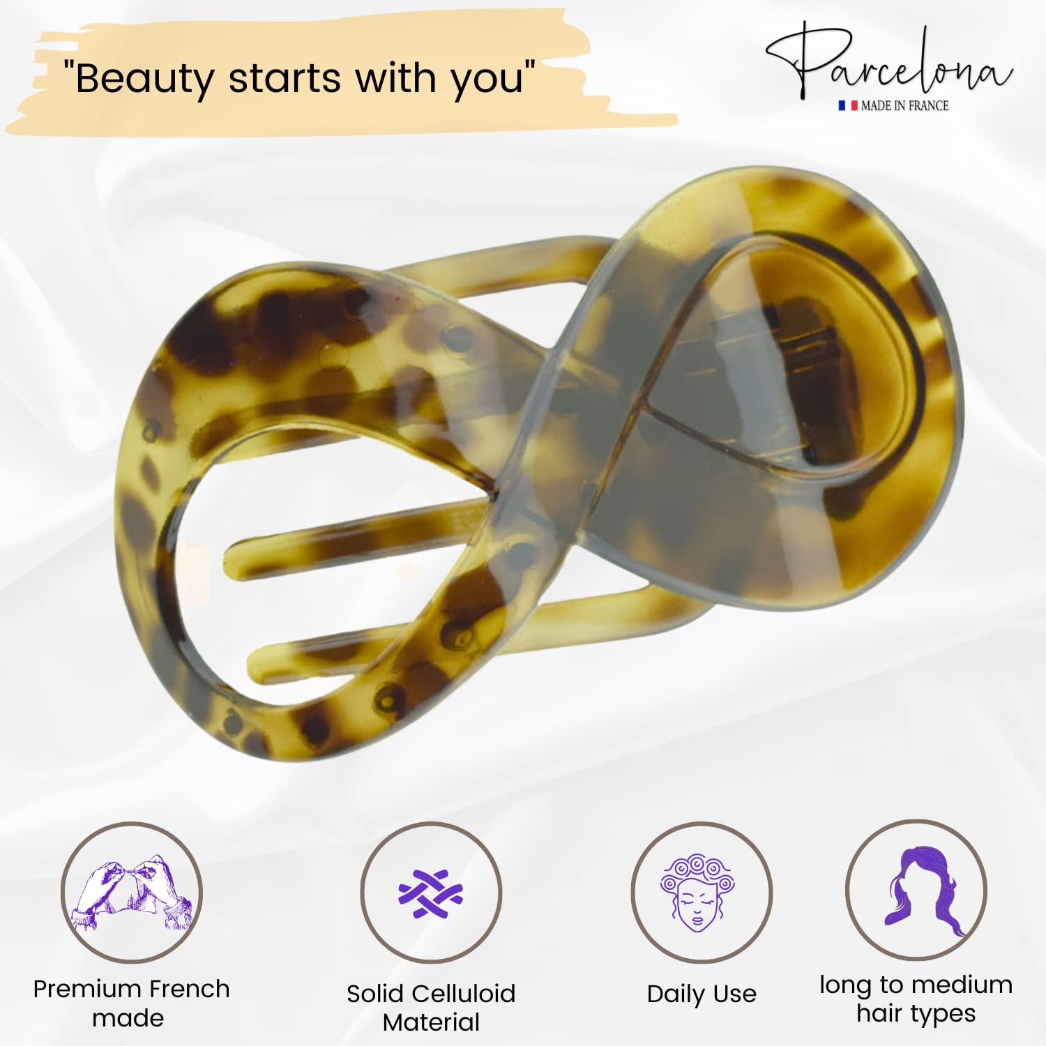 Parcelona French Infinity Loop Medium 3” Cellulose Hair Claw for Women and Girls