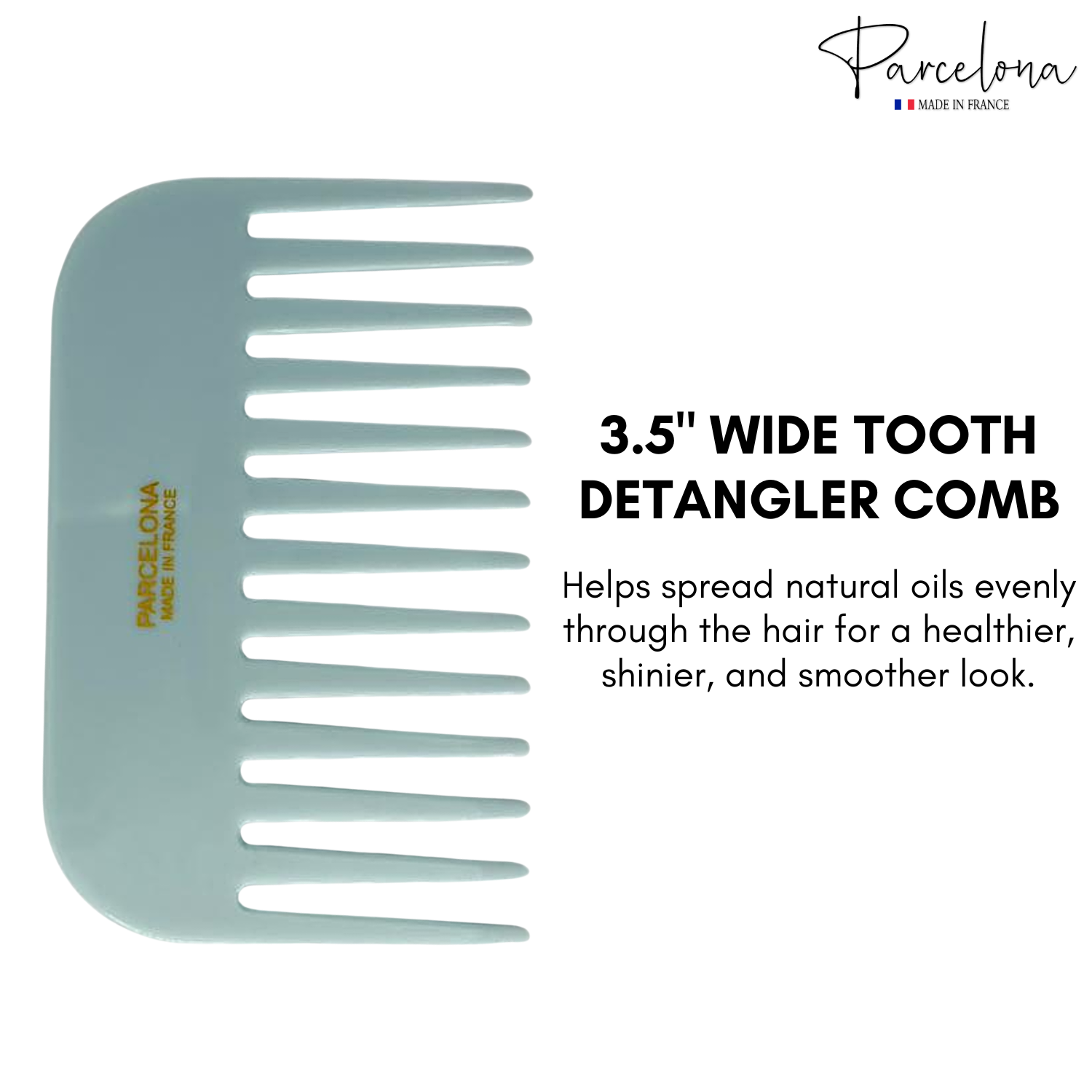 Light blue detangler comb with text on a white background