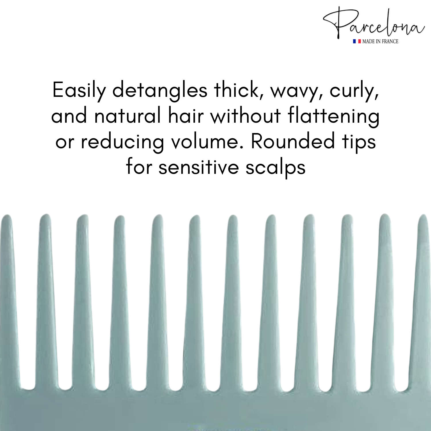 Hair comb with text describing its features on a white background
