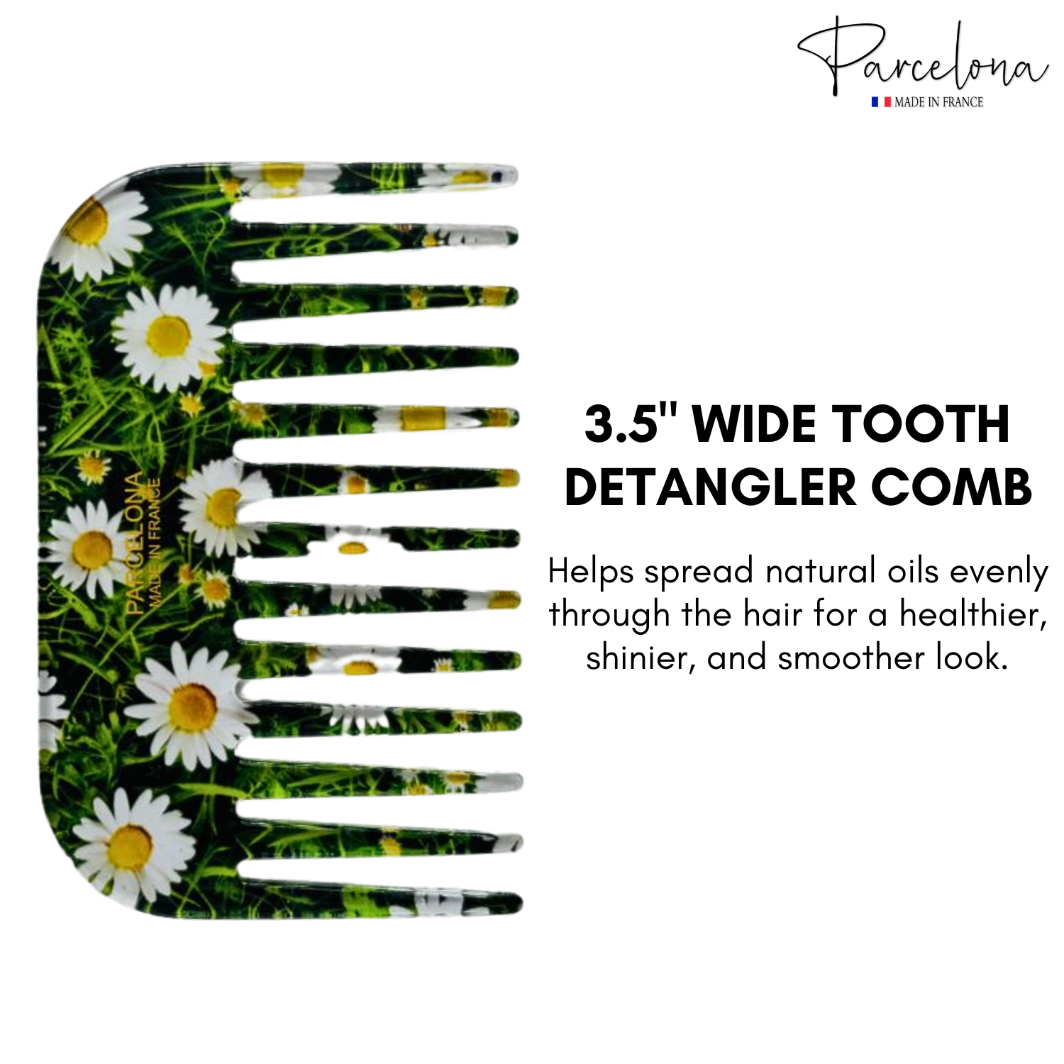 Detangler comb with floral design and text about its benefits on a white background