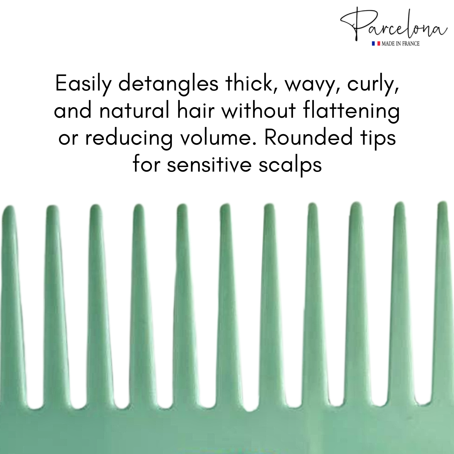 Green comb with text about hair care on a white background
