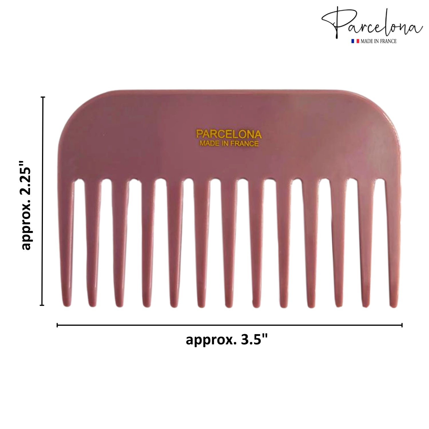 Pink comb with 'Parcelona' branding and size measurements on a white background