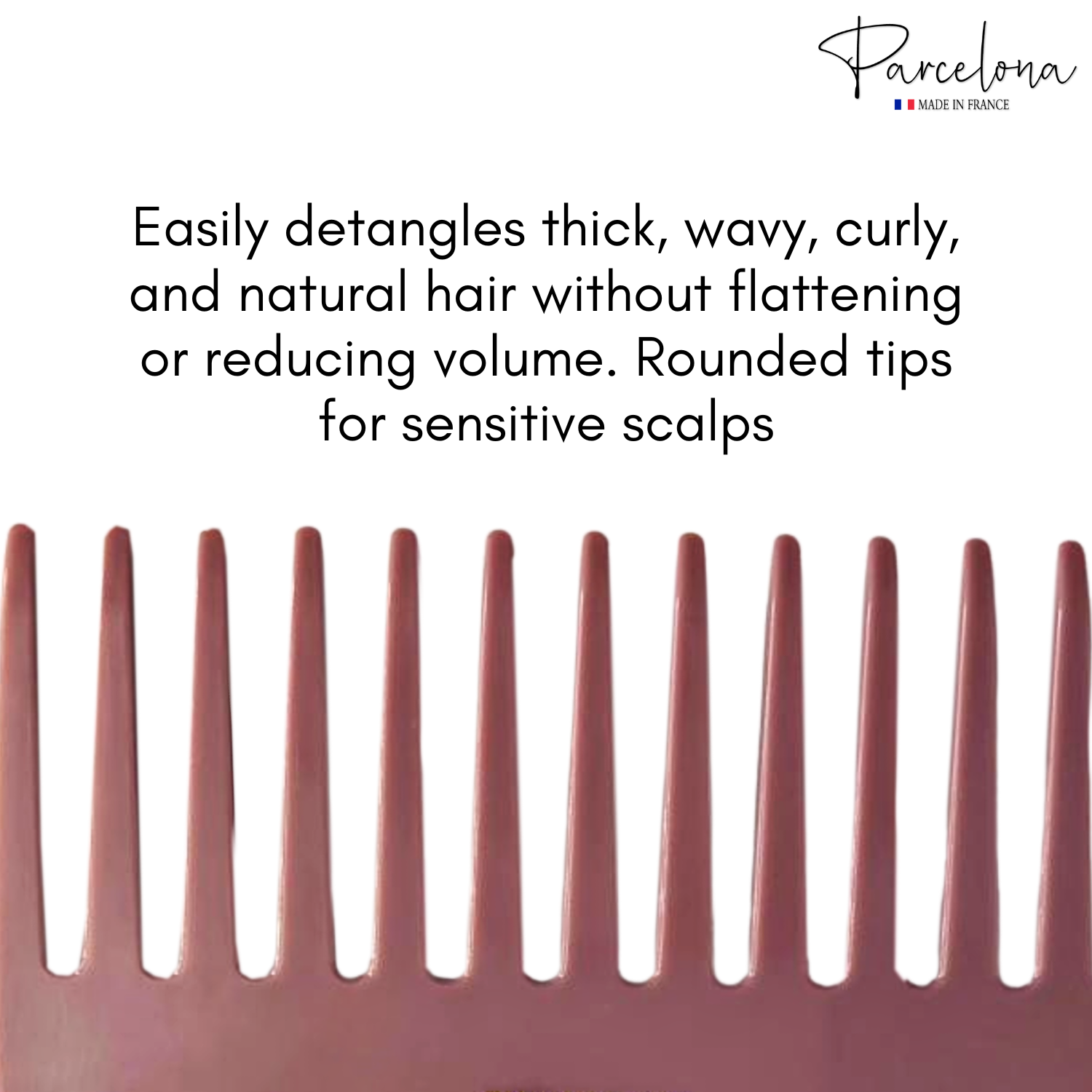 Pink comb with text about hair care on a white background