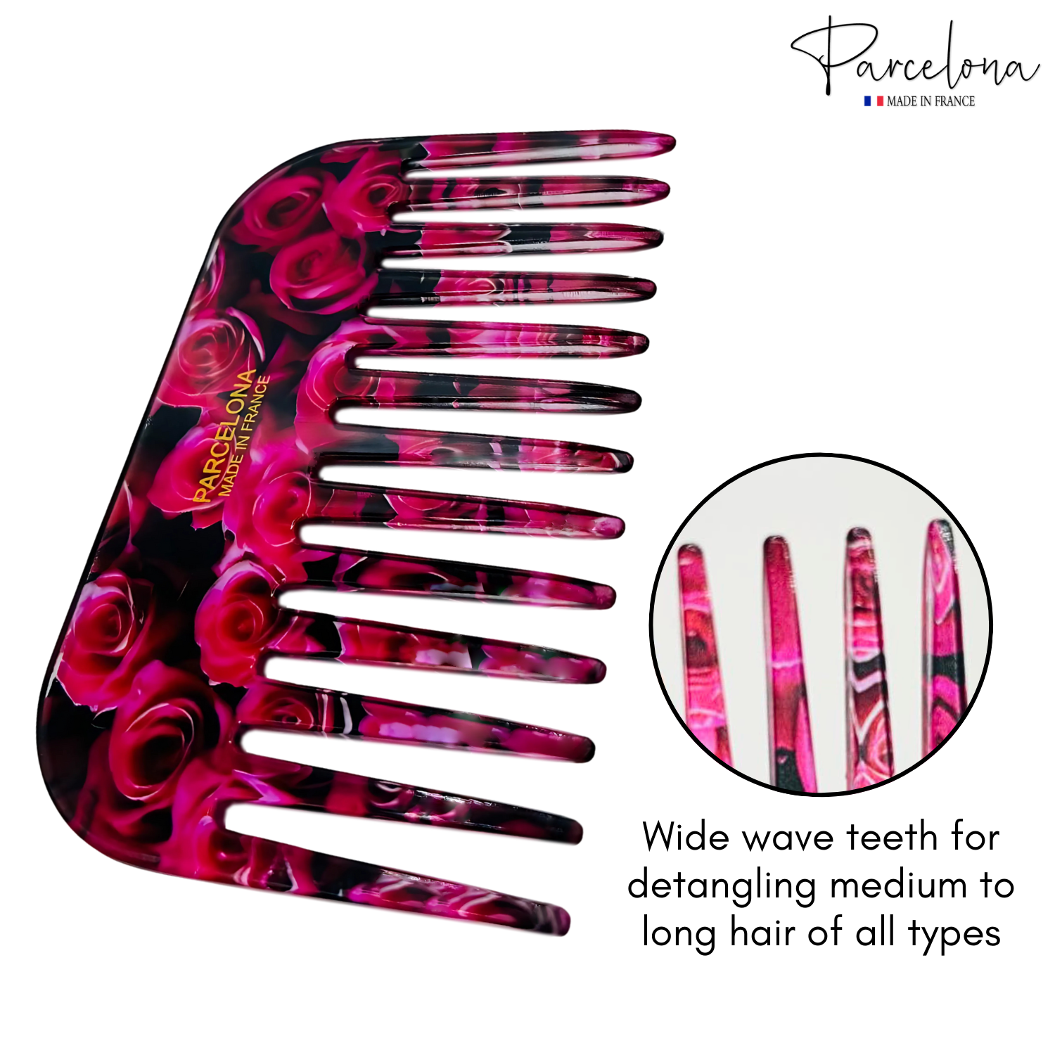 Pink and black hair comb with floral design, branded 'Parcelona', on a white background.