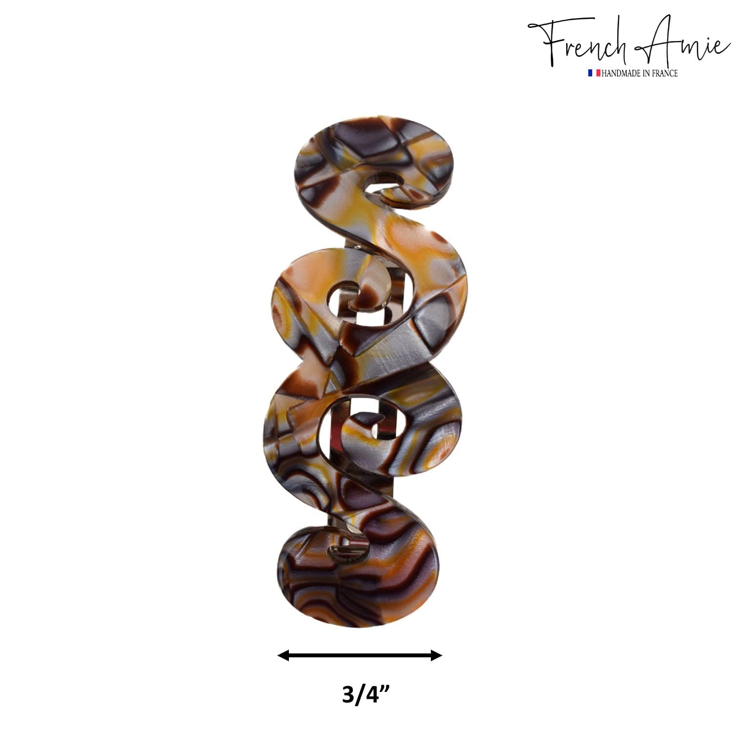 French Amie Swirls Onyx Cellulose Handmade Hair Clip Barrette with Silver Clasp