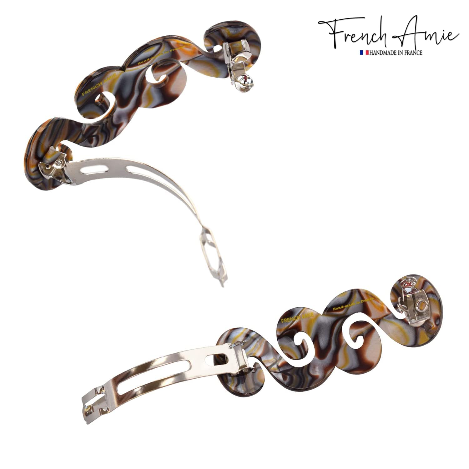 French Amie Swirls Onyx Cellulose Handmade Hair Clip Barrette with Silver Clasp