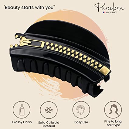 Parcelona French Belle Zip Design Small Glossy Black Cellulose Hair Claw