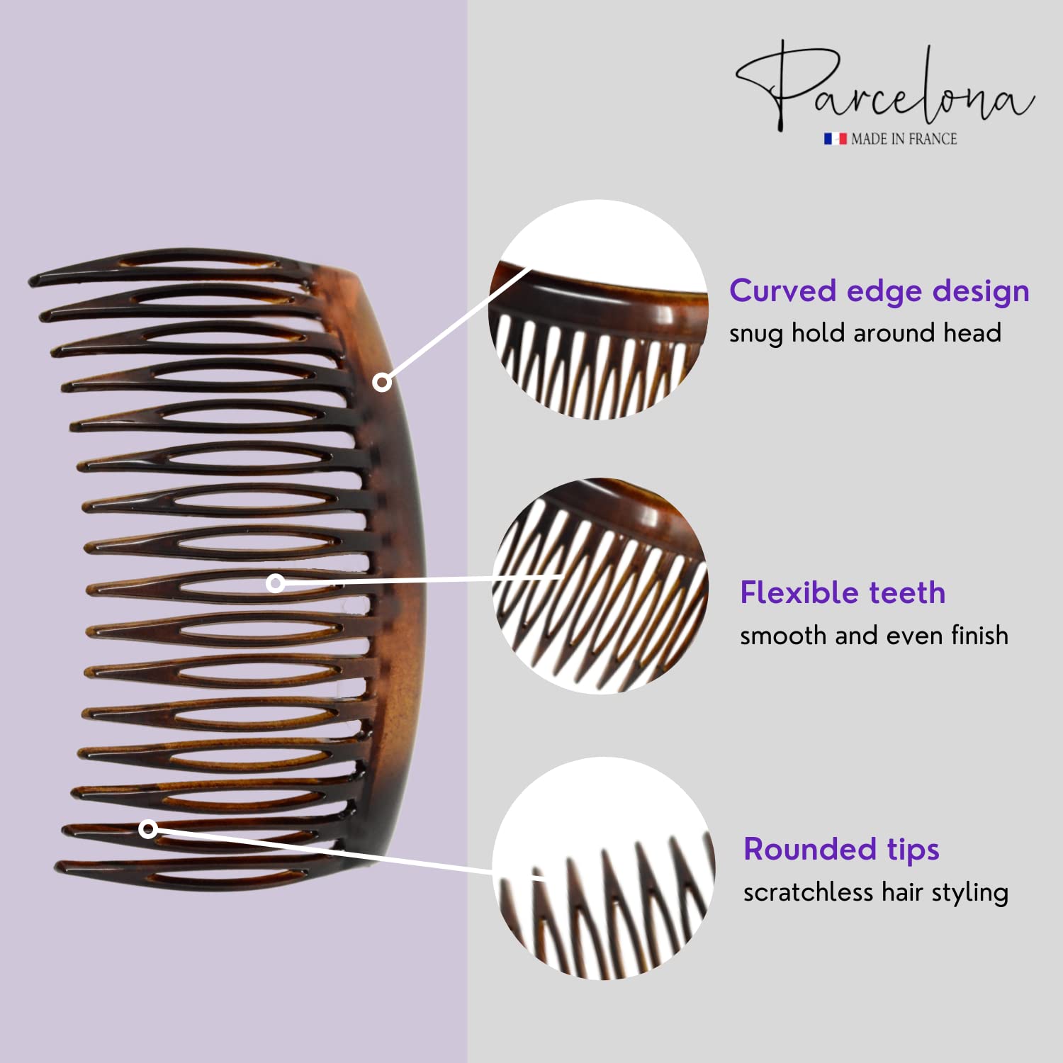 Parcelona French Glossy Shell Medium Cellulose 16 Teeth Side Hair Combs (2 Pcs)