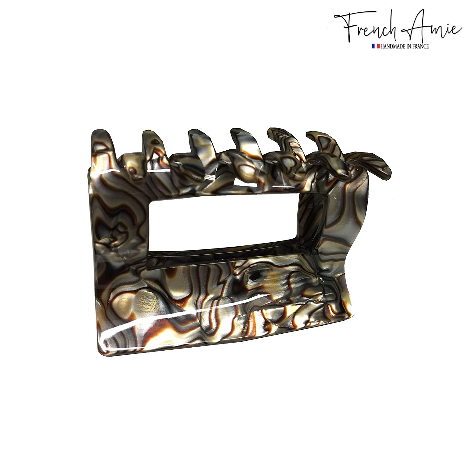 French Amie Geo Medium Onyx Silver Grey Handmade Cellulose Hair Claw Clip Clamp