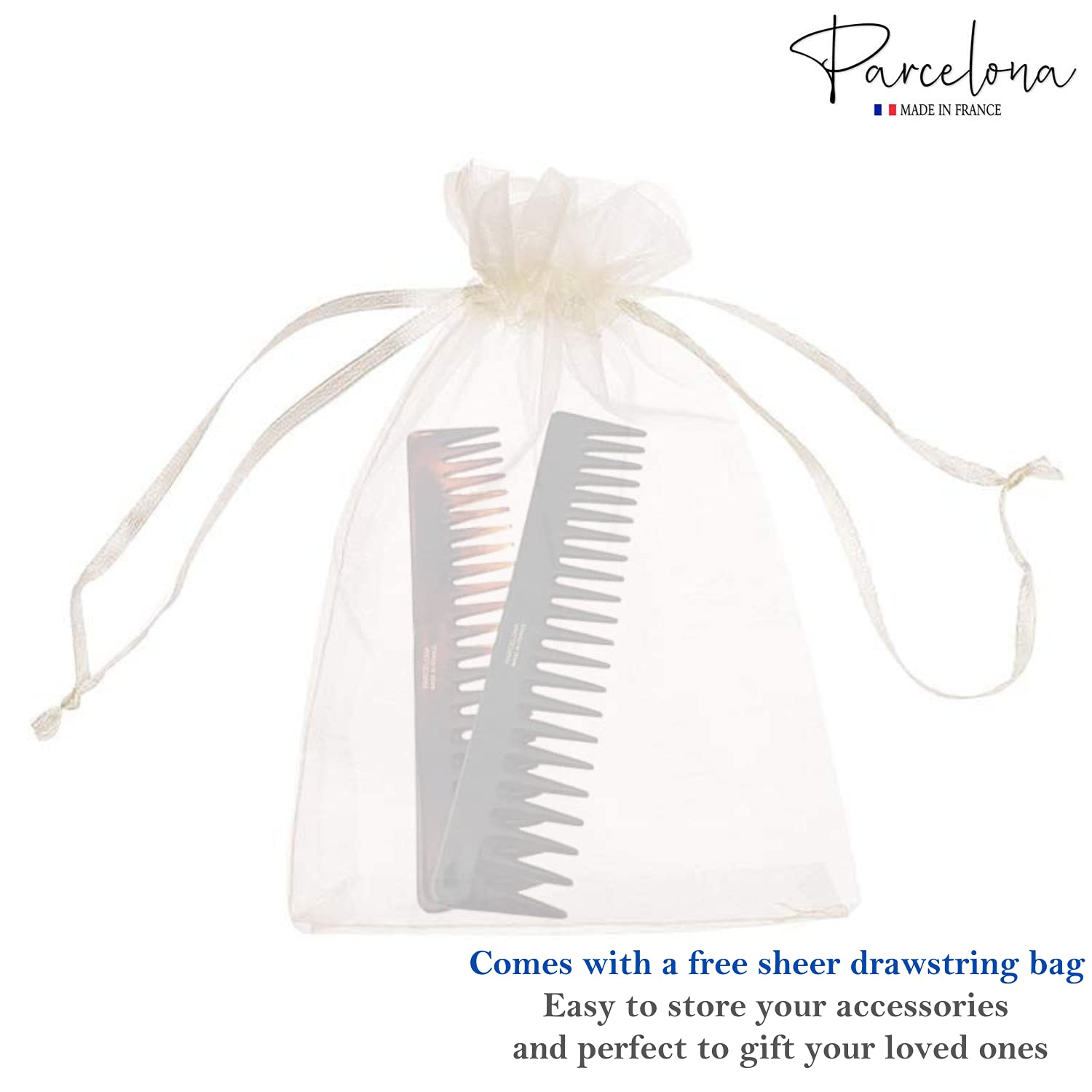 Parcelona French Volume Long Rake Set of 2 Shell Black Cellulose Wide Hair Combs
