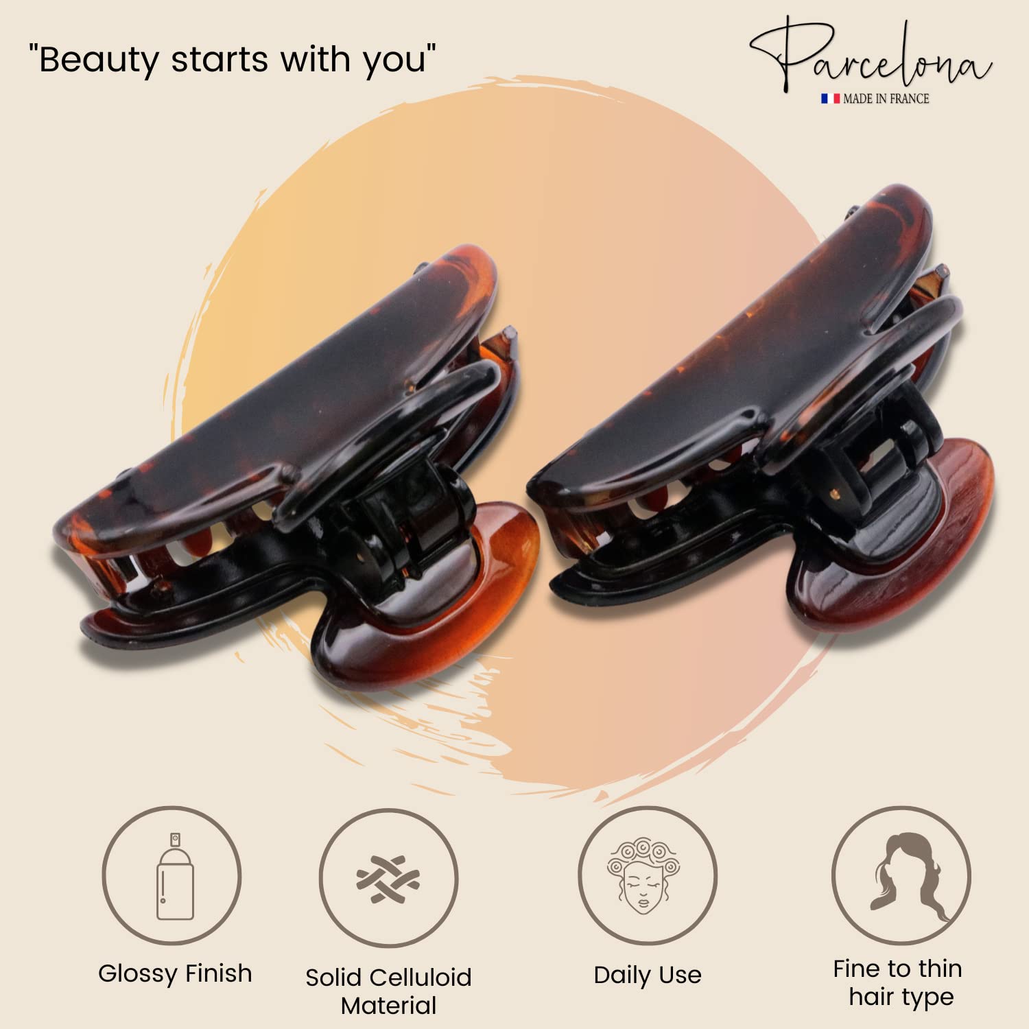 Parcelona French Glossy Oval Small 2.5" Cellulose Set of 2 Jaw Hair Claw Clips