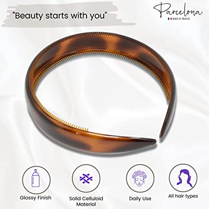 Parcelona French extra wide turtle shell brown celluloid inner nibs flexible hair headband fashion headband for women strong grip non slip durable styling girls hair accessories