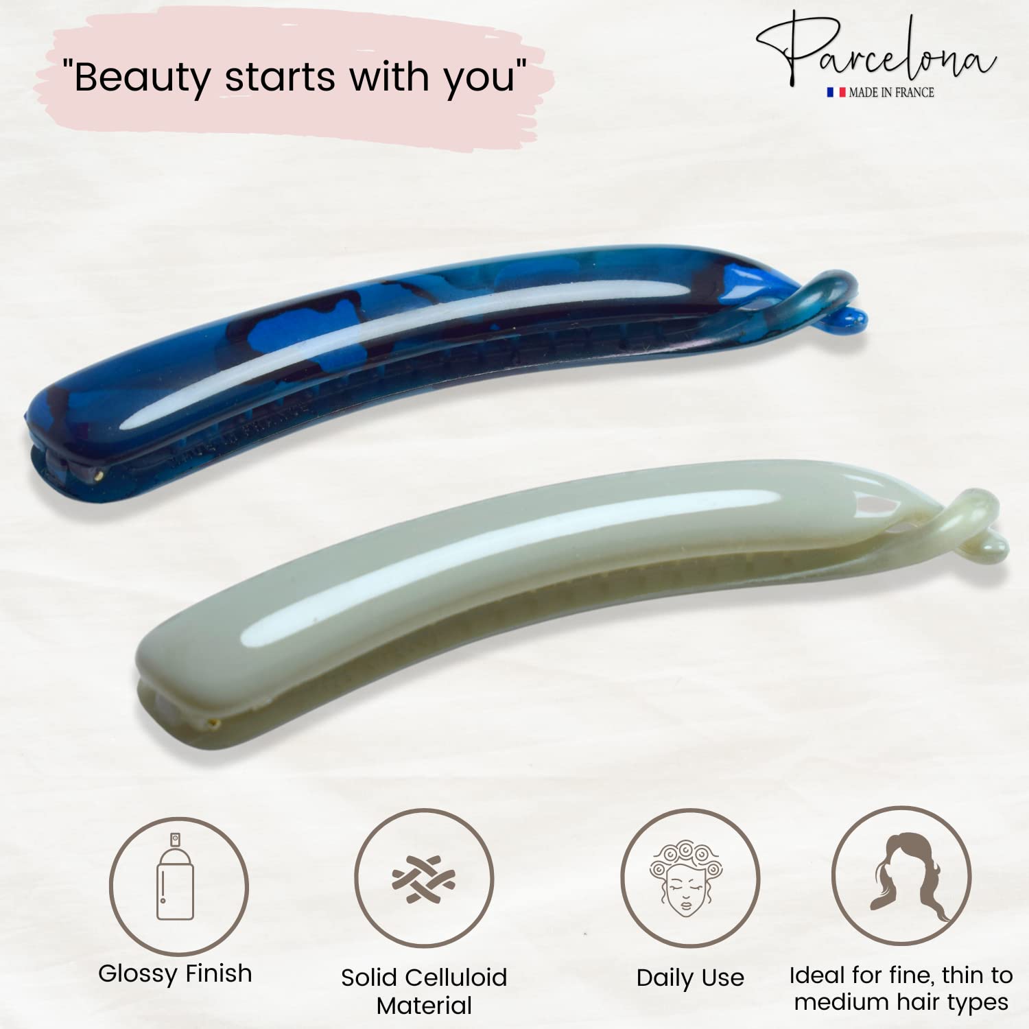 Parcelona French Small 3.75” Cellulose Set of 2 Banana Hair Clips for Women
