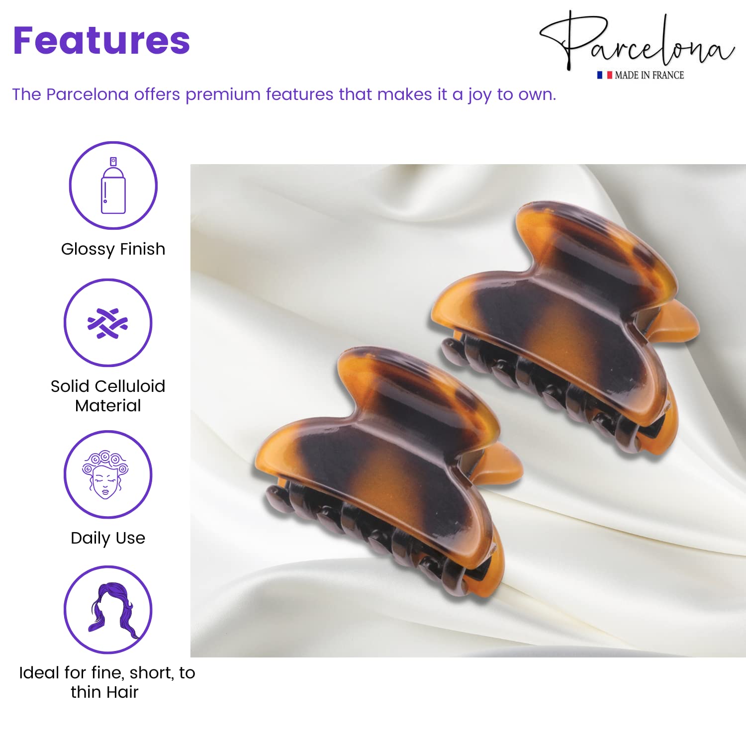 Parcelona French Glossy Oval Very Small 1.25" Cellulose Hair Claws Set of 2