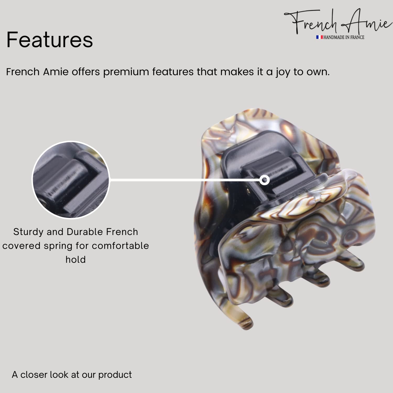 French Amie Neat Onyx Silver Grey Small Handmade Cellulose Jaw Hair Claw Clip