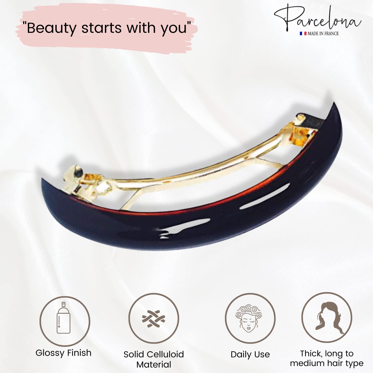 Parcelona French Half Round Thin 3" Shell Cellulose Hair Barrette Clip for Women