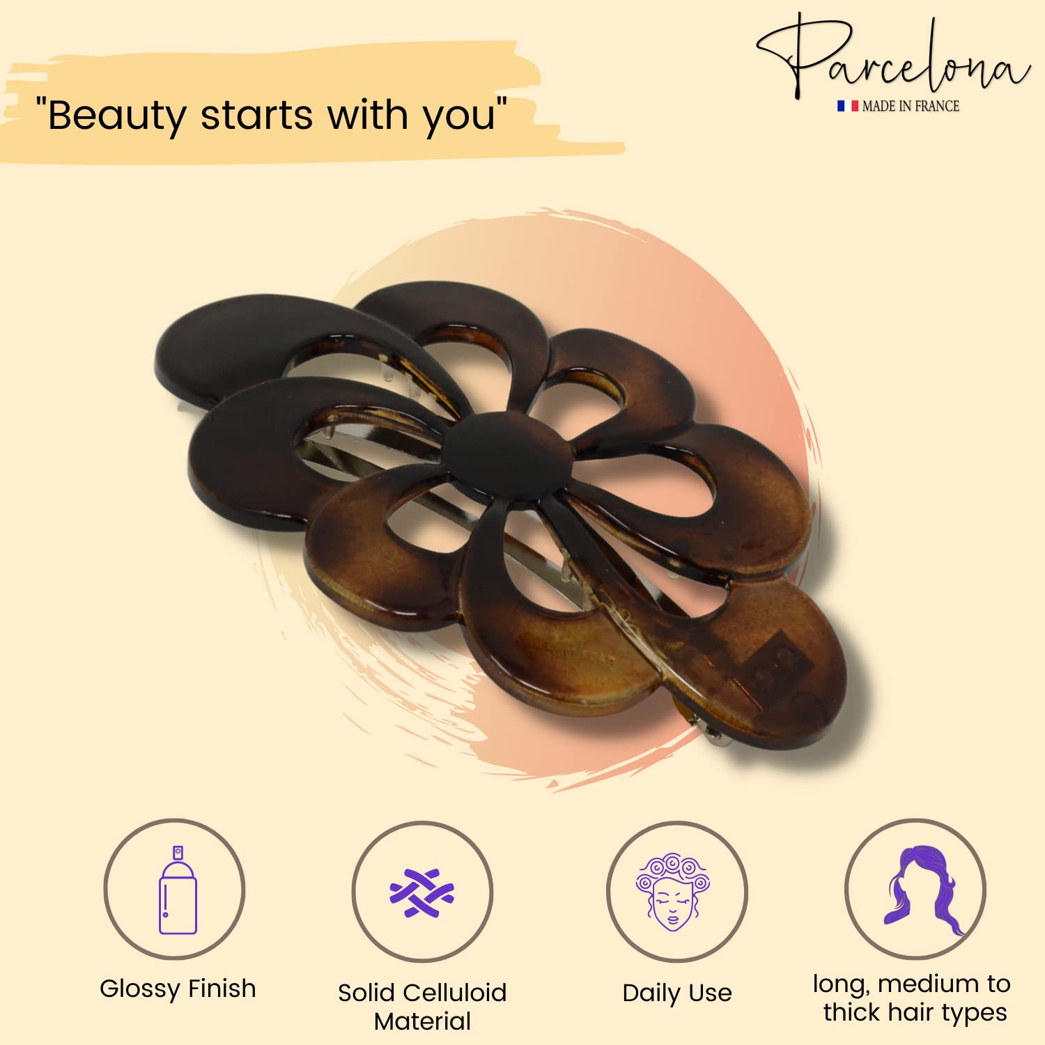 Parcelona French Large Wide Flower Shell Brown Cellulose Hair Clip Barrette