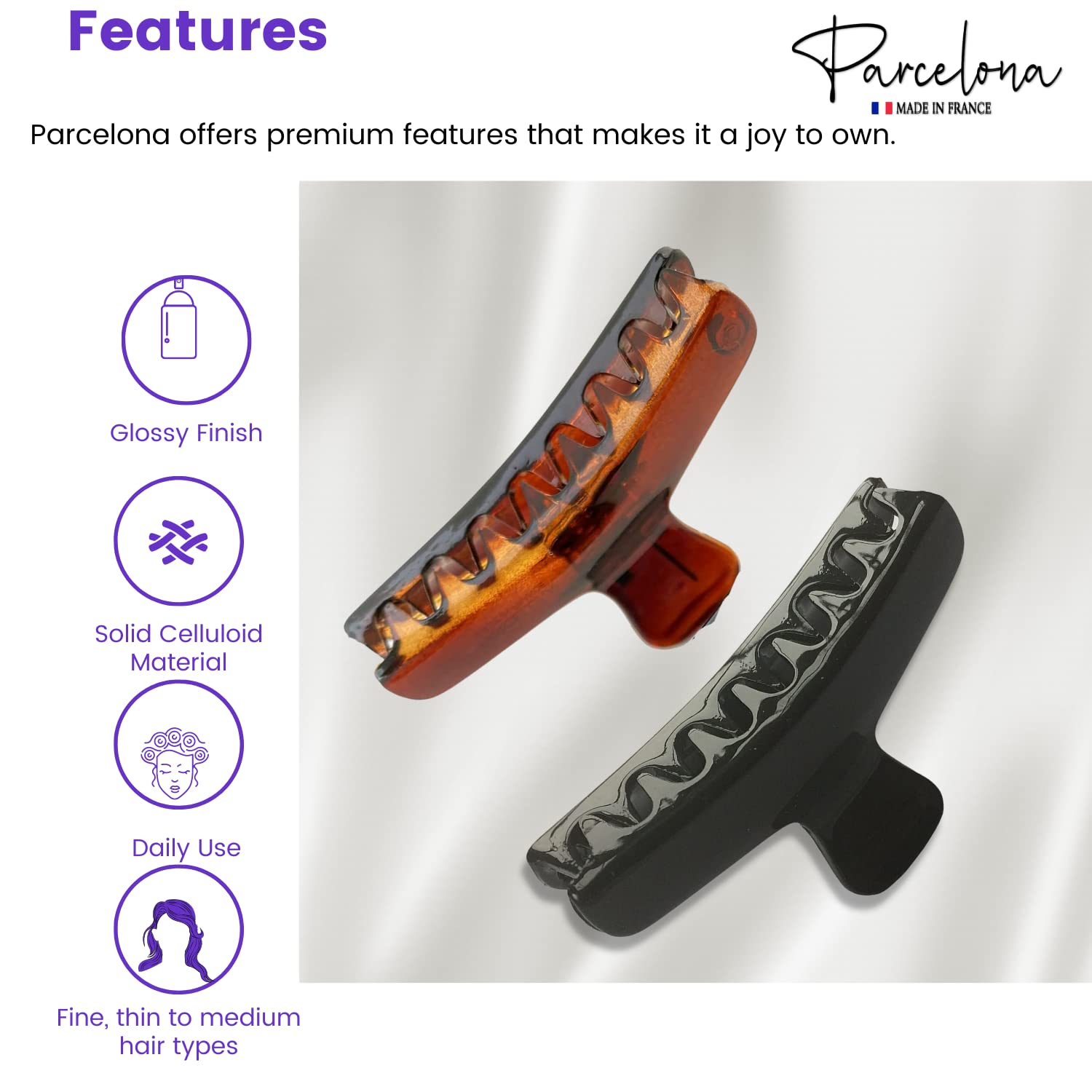Parcelona French Salon Flat Small 2” Set of 4 Narrow Jaw Hair Claws(Shell-Black)