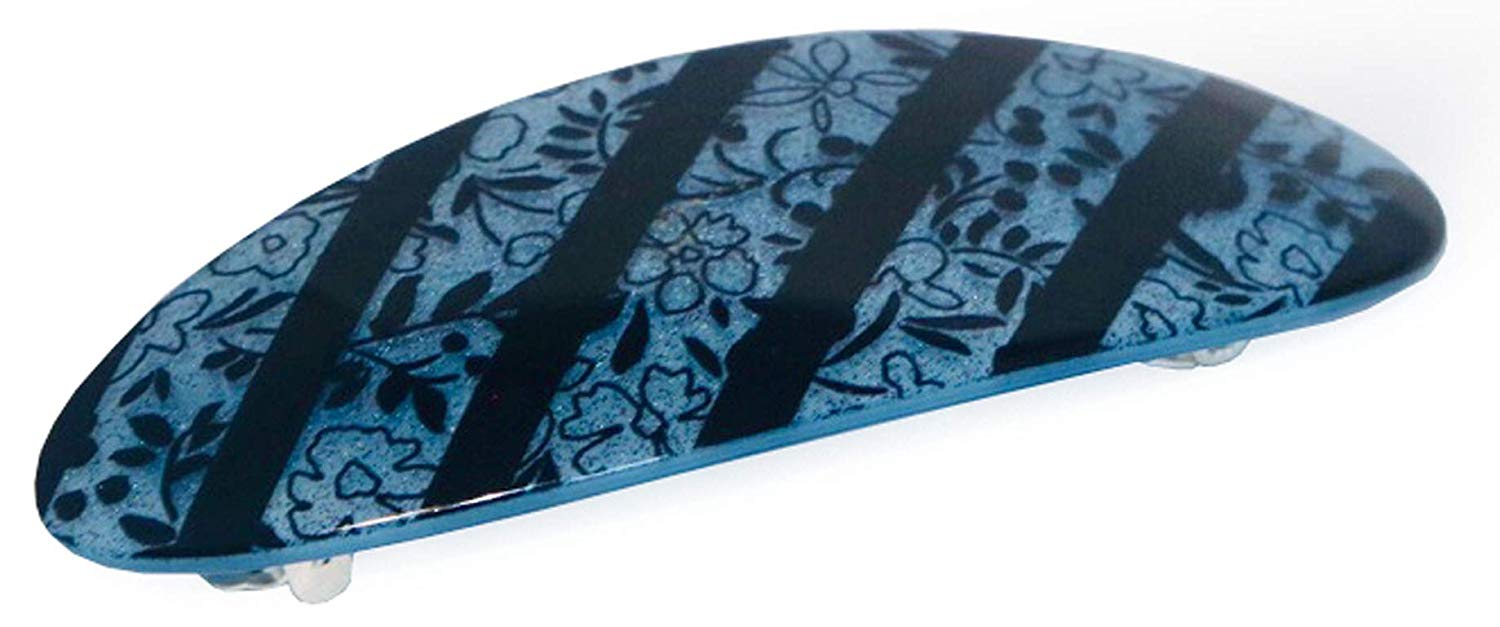 French Amie Oval Striped Flower Blue Handmade Strong Grip Hair Clip Barrette