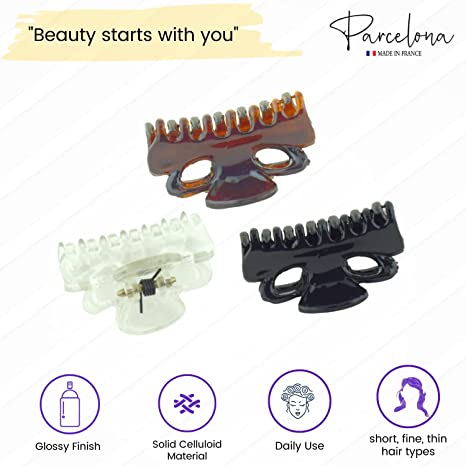 Parcelona French Petite Very Small 1" Set of 3 Hair Claws (Black-Shell-Clear)