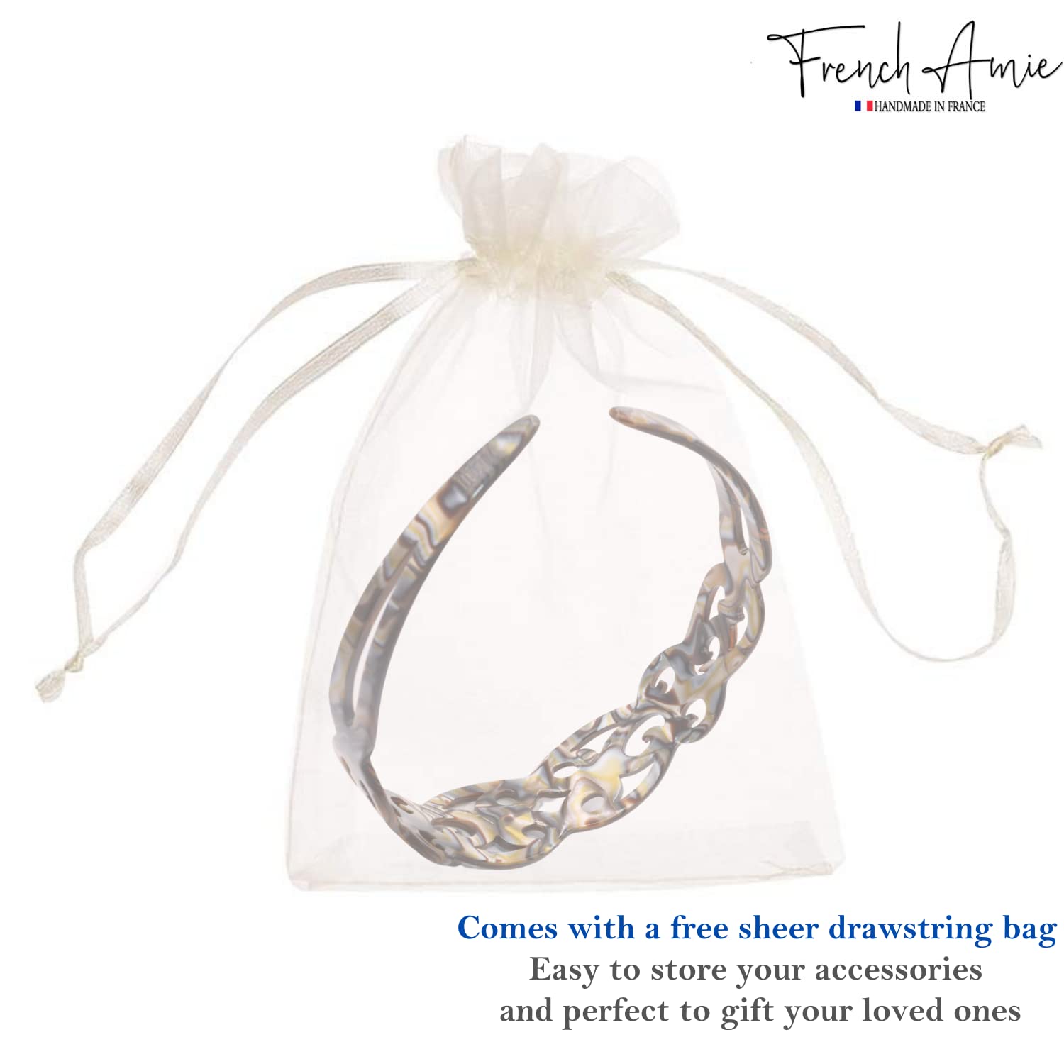 French Amie Filigree Wide 1" Celluloid Handmade Headband for Women
